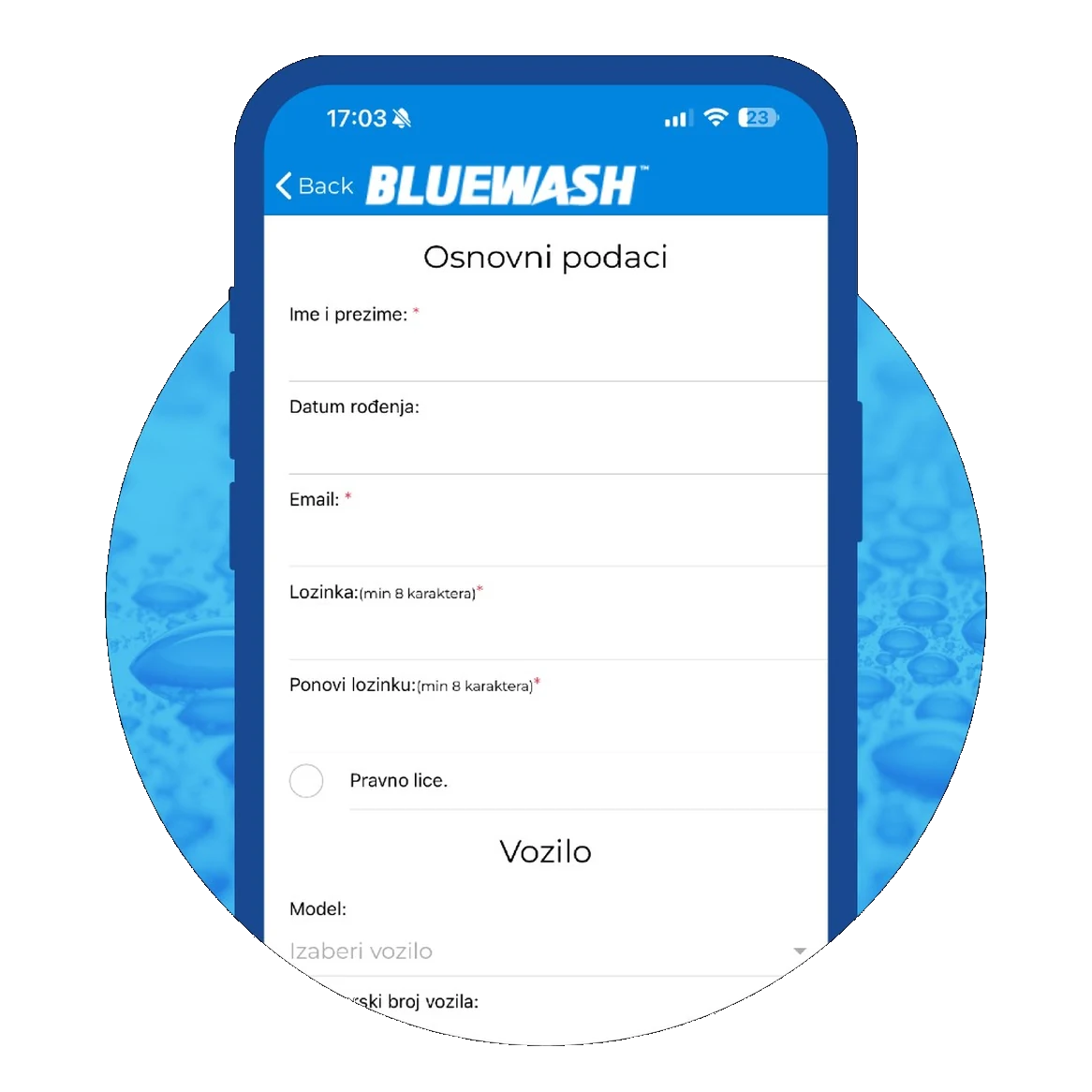 Mobilna aplikacija Bluewash, korak 1: preuzimanje i registracija naloga