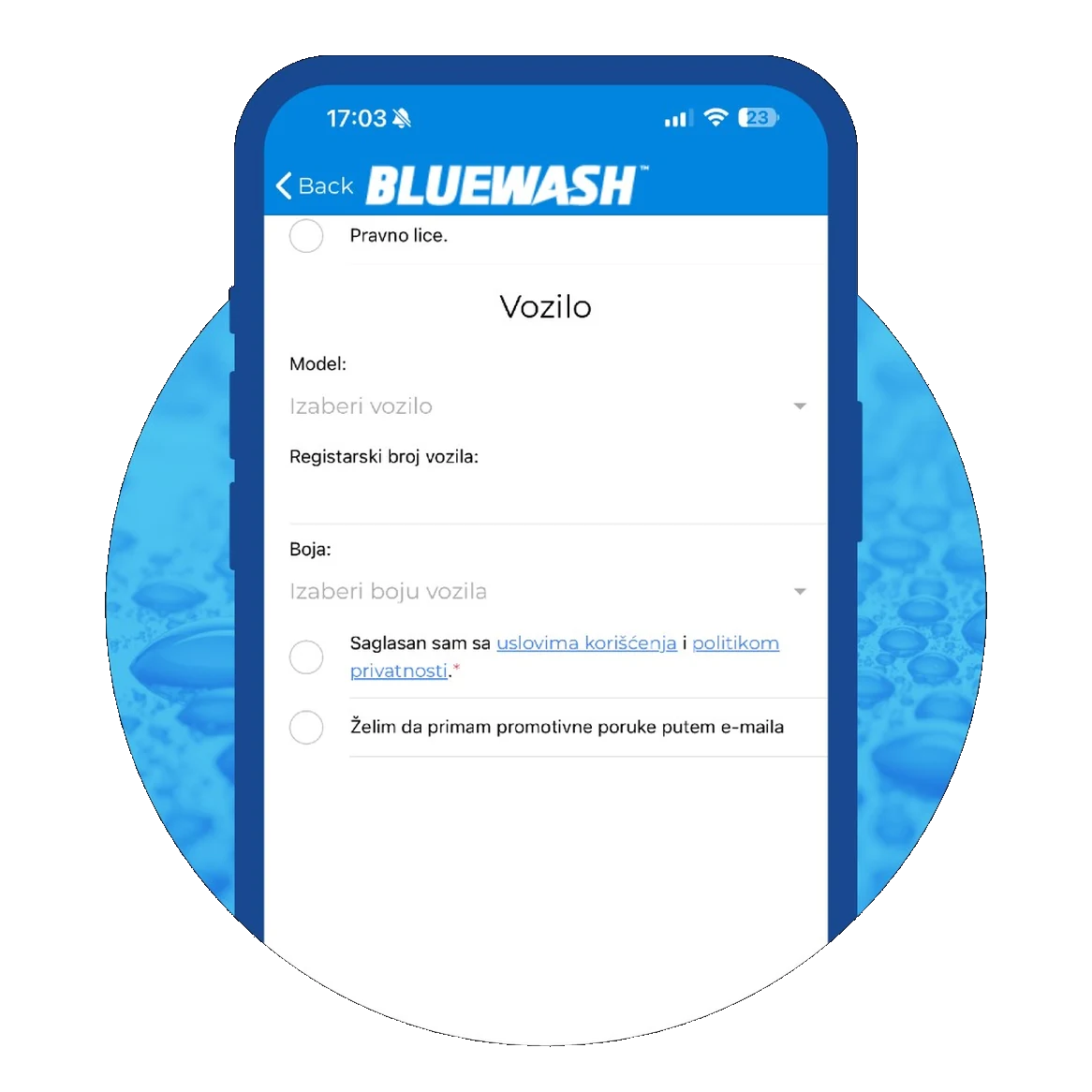 Mobilna aplikacija Bluewash, korak 2: dodavanje podataka o vozilu